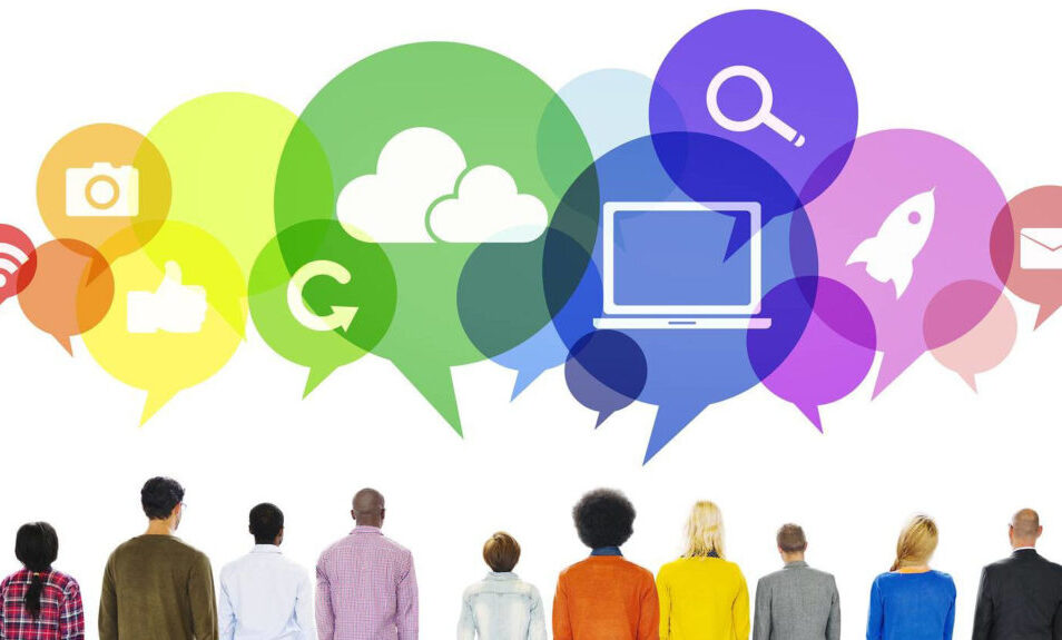 Multiethnic People Facing Backwards with Speech Bubbles